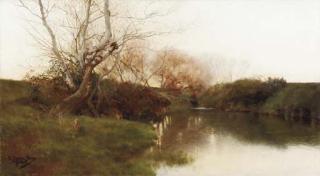 Emilio Sanchez-Perrier - A River Landscape at Dusk
