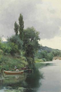 Emilio Sánchez Perrier - Three Men Fishing on a River