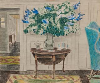 Emilio Sanchez - Interior Scene with Grand Floral Display Initialed \'ES\' in pencil lower right, colored pencil on paper, matted and framed. sight 13 5/8 x 16 3/8 in. (34.7 x 41.7 cm)