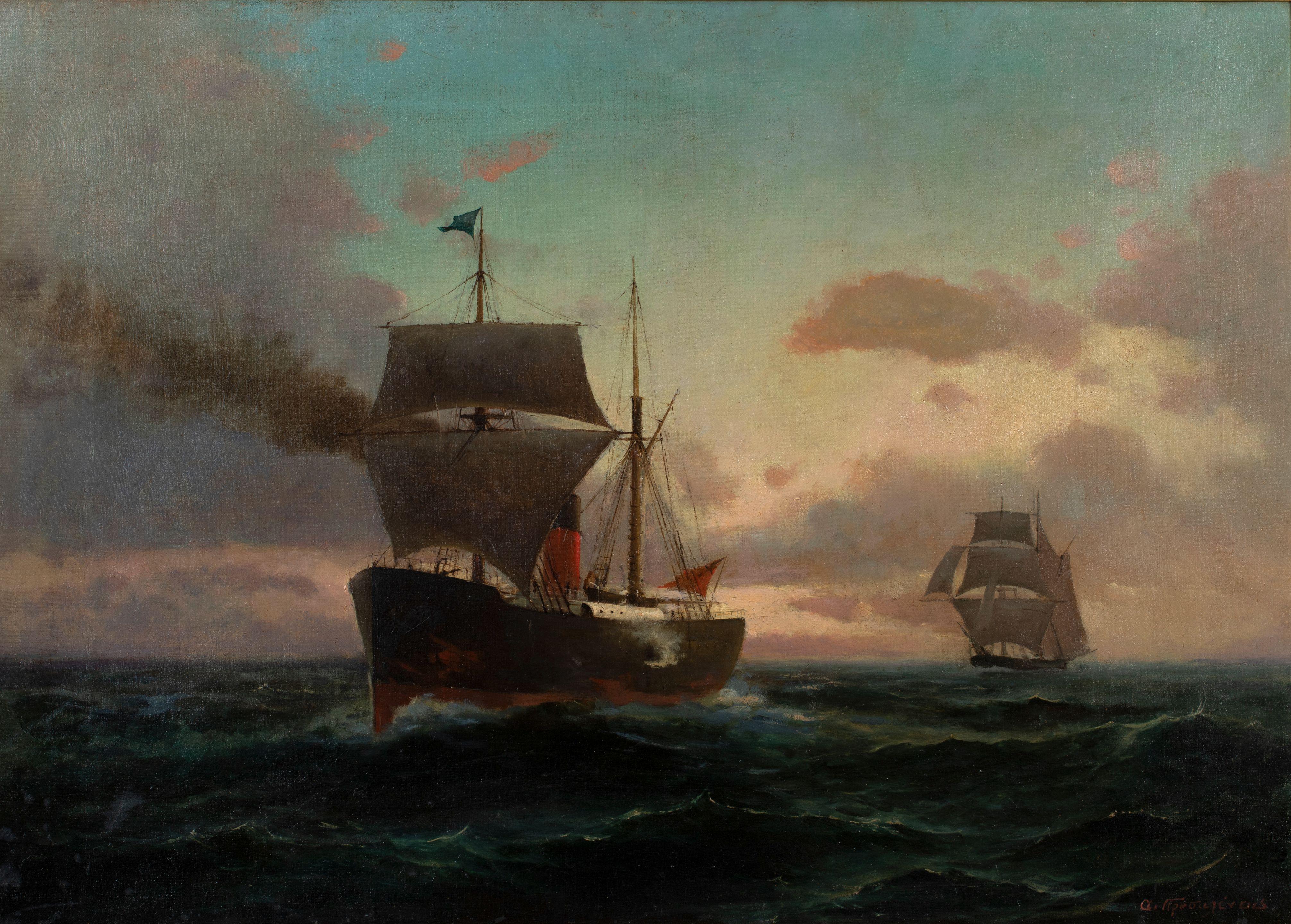Emilios Prossalentis - Bateau à voile au coucher du soleil