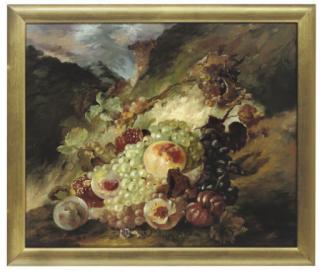 Emillio Greco - Grapes, vines and peaches in a landscape; and Grapes, peaches, pumpkins and vines on a stone ledge