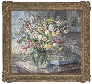 Emily Beatrice Bland - Tulips and other summer flowers in a vase with a canary to the side