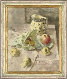 Emily Patrick - Pears, a pomegranate and a milk jug, on newspaper