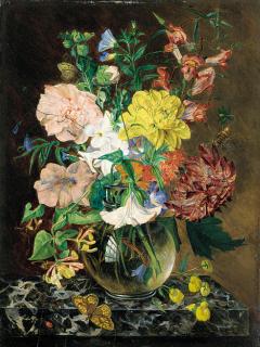 Emily Stannard - Still Life of Chrysanthemums, Narcissi, Honeysuckle, Sweetpeas, And Convulvulus In A Glass Vase, With A Butterfly And A Ladybird, On A Marble Ledge
