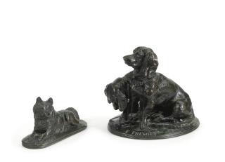 Emmanuel Frémiet - French chien Loulou Couché And Chiens Bassets (Ravageot Et Ravageode)