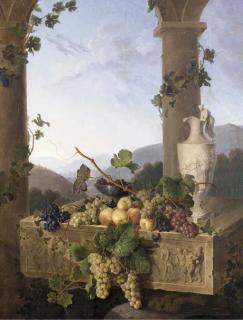 Emmanuel Fries - Grapes, Peaches and a classically inspired Pitcher on a Marble Relief depicting classical Figures under an Italianate arch in a country Landscape