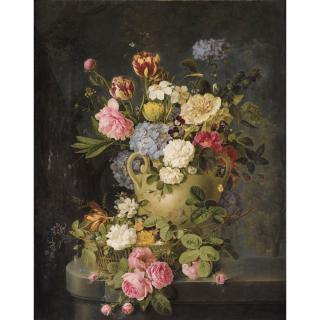 Emmanuel Fries - Vase De Fleurs Et Panier Sur Un Entablement De Marbre