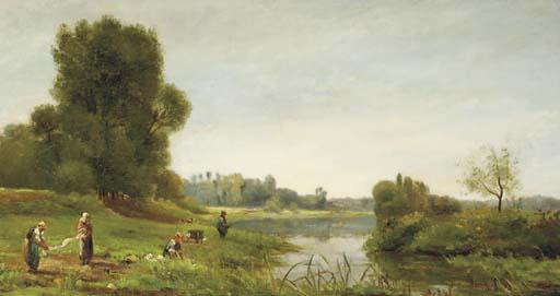 Emmanuel-Pierre-Alphonse Damoye - Washerwomen And A Fisherman On The Banks of A River