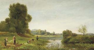 Emmanuel-Pierre-Alphonse Damoye - Washerwomen And A Fisherman On The Banks of A River