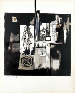 Emvin Cremona - Street Scene With Statue Before A Church