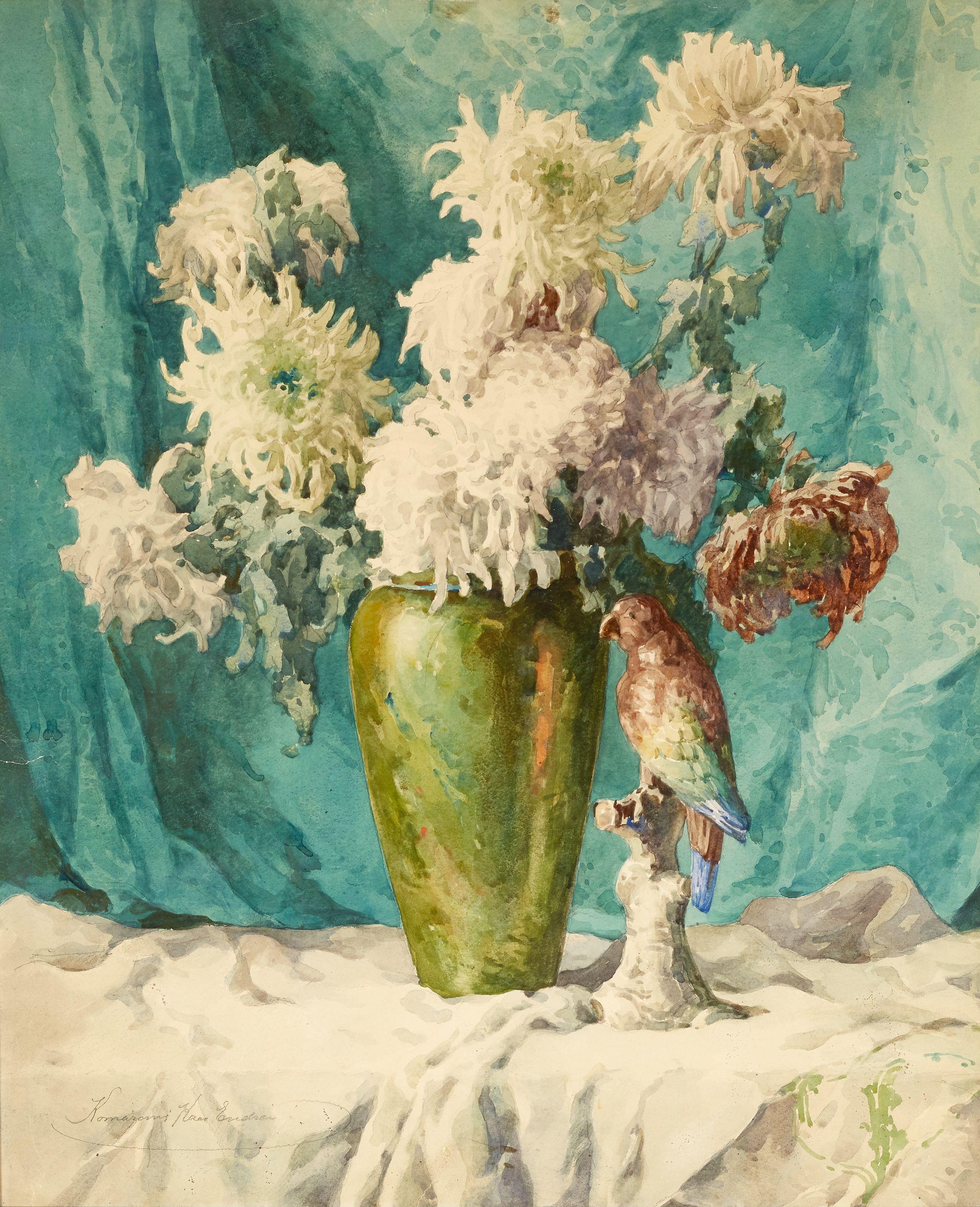 Endre Komaromi-Kacz - A vase of chrysanthemums and a porcelain parrot on a draped table