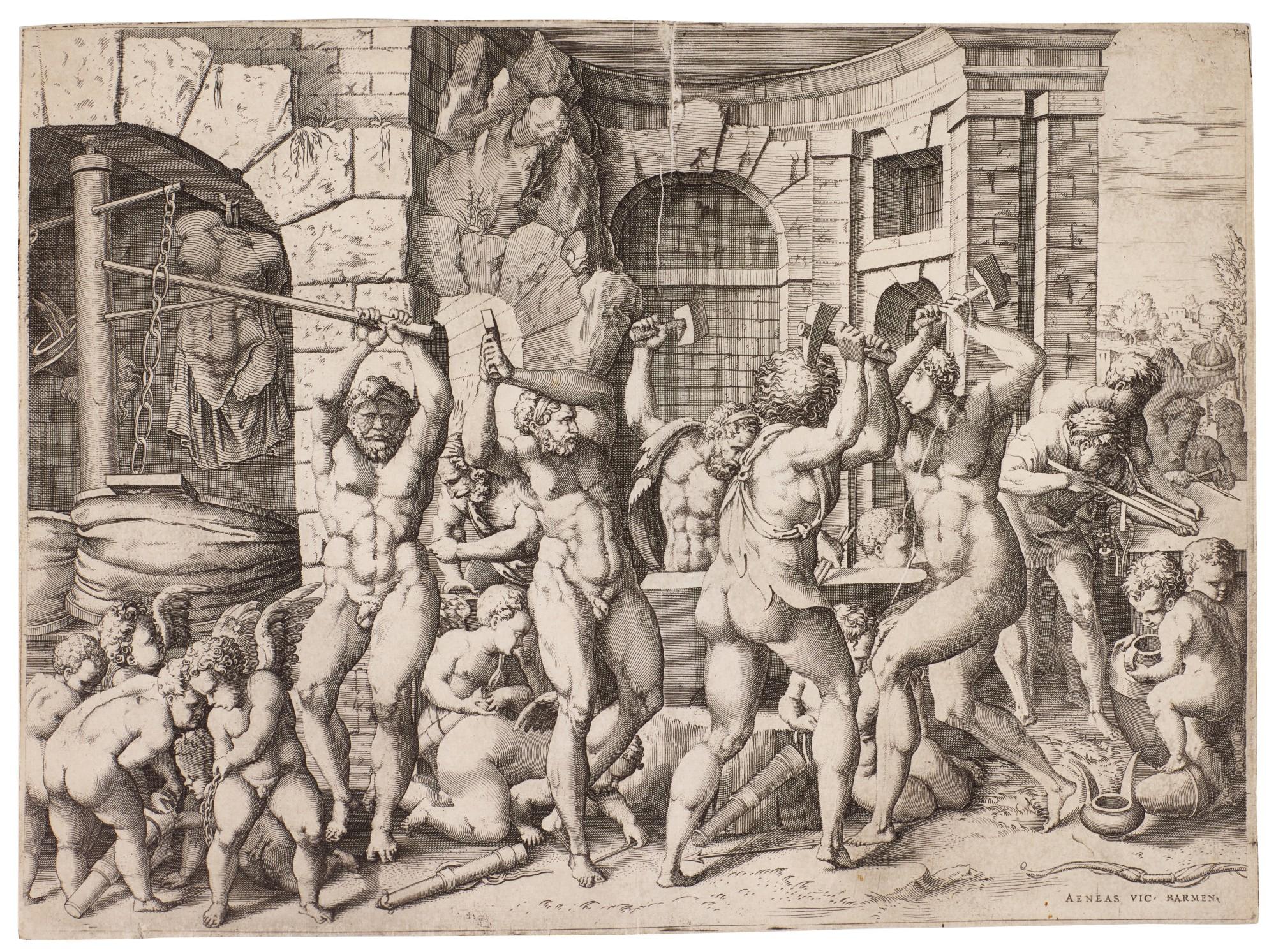 Enea Vico - Vulcan and the Cyclopes forging Arrows for the Cupids (After Francesco Primaticcio) (Bartsch XV.297.31)