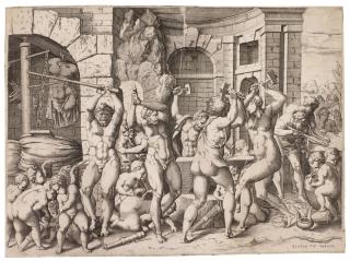 Enea Vico - Vulcan and the Cyclopes forging Arrows for the Cupids (After Francesco Primaticcio) (Bartsch XV.297.31)