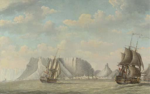 Engel Hoogerheyden - A squadron of Dutch ships, a capriccio view of the Tafelberg, Cape Town, beyond