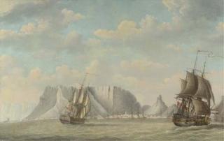 Engel Hoogerheyden - A squadron of Dutch ships, a capriccio view of the Tafelberg, Cape Town, beyond