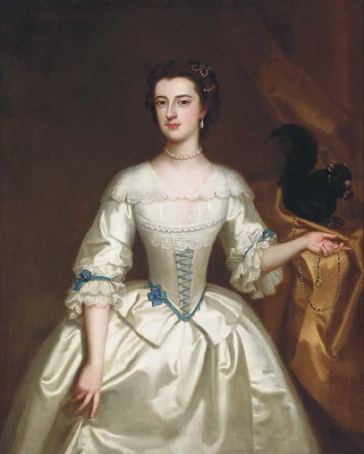 Enoch Seeman - Portrait of a lady, three-quarter length, in a white silk dress with her pet squirrel