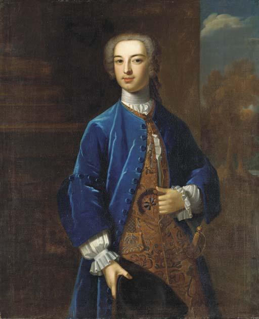 Enoch Seeman - Portrait of Dudley North (1707-1764), three-quarter-length, in a blue velvet coat and a gold embroidered waistcoat, holding a tricorn, a landscape beyond