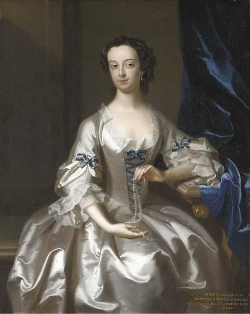 Enoch Seeman - Portrait of Mary Rand, half-length, seated, in an oyster-satin dress with blue ribbons, holding a string of pearls, in an interior by a blue velvet curtain