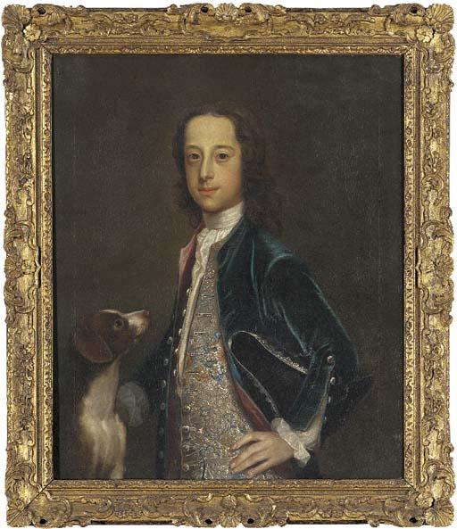 Enoch Seeman - Portrait of Master John Wyld, three-quarter-length, in an embroidered waistcoat and blue velvet coat, with a tricorn hat tucked under his right arm and petting a dog with his right