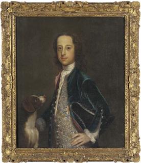 Enoch Seeman - Portrait of Master John Wyld, three-quarter-length, in an embroidered waistcoat and blue velvet coat, with a tricorn hat tucked under his right arm and petting a dog with his right