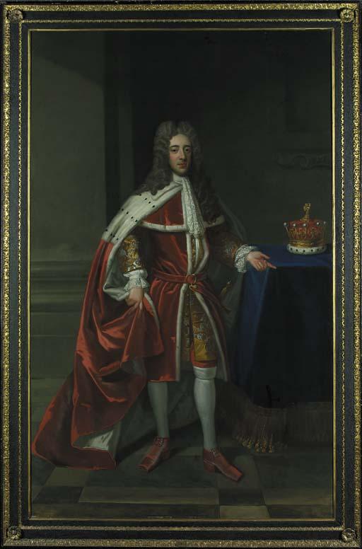 Enoch Seeman - Portrait of Robert D\'Arcy, 3rd Earl of Holdernesse (1681-1721), full-length, in Peer\'s robes, his coronet beside him, in an interior