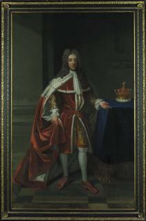 Enoch Seeman - Portrait of Robert D\'Arcy, 3rd Earl of Holdernesse (1681-1721), full-length, in Peer\'s robes, his coronet beside him, in an interior