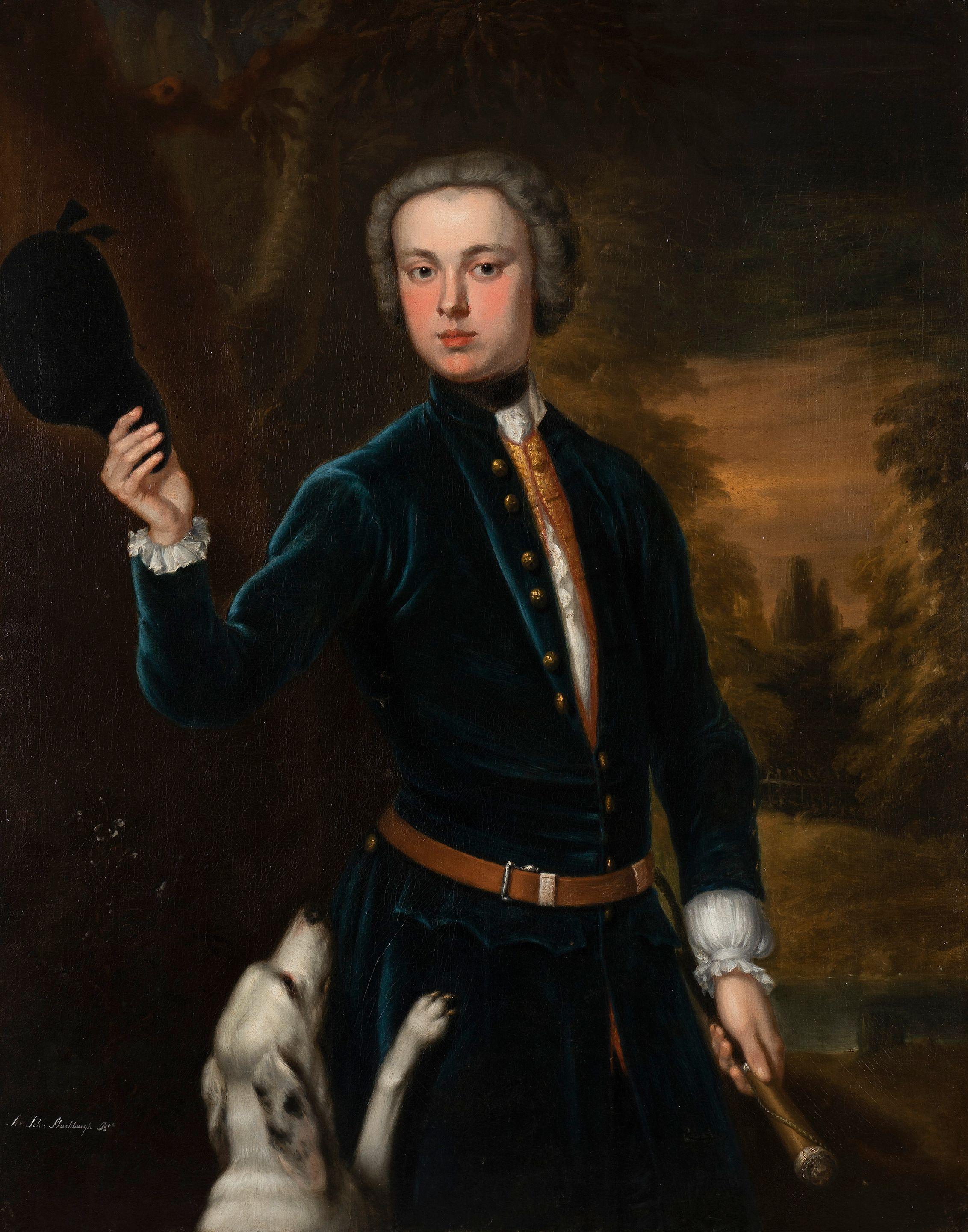 Enoch Seeman - Portrait of Sir John Shuckburgh, 3rd. Bt, three-quarter-length, in a blue velvet coat, holding a crop, standing in a landscape with his hound