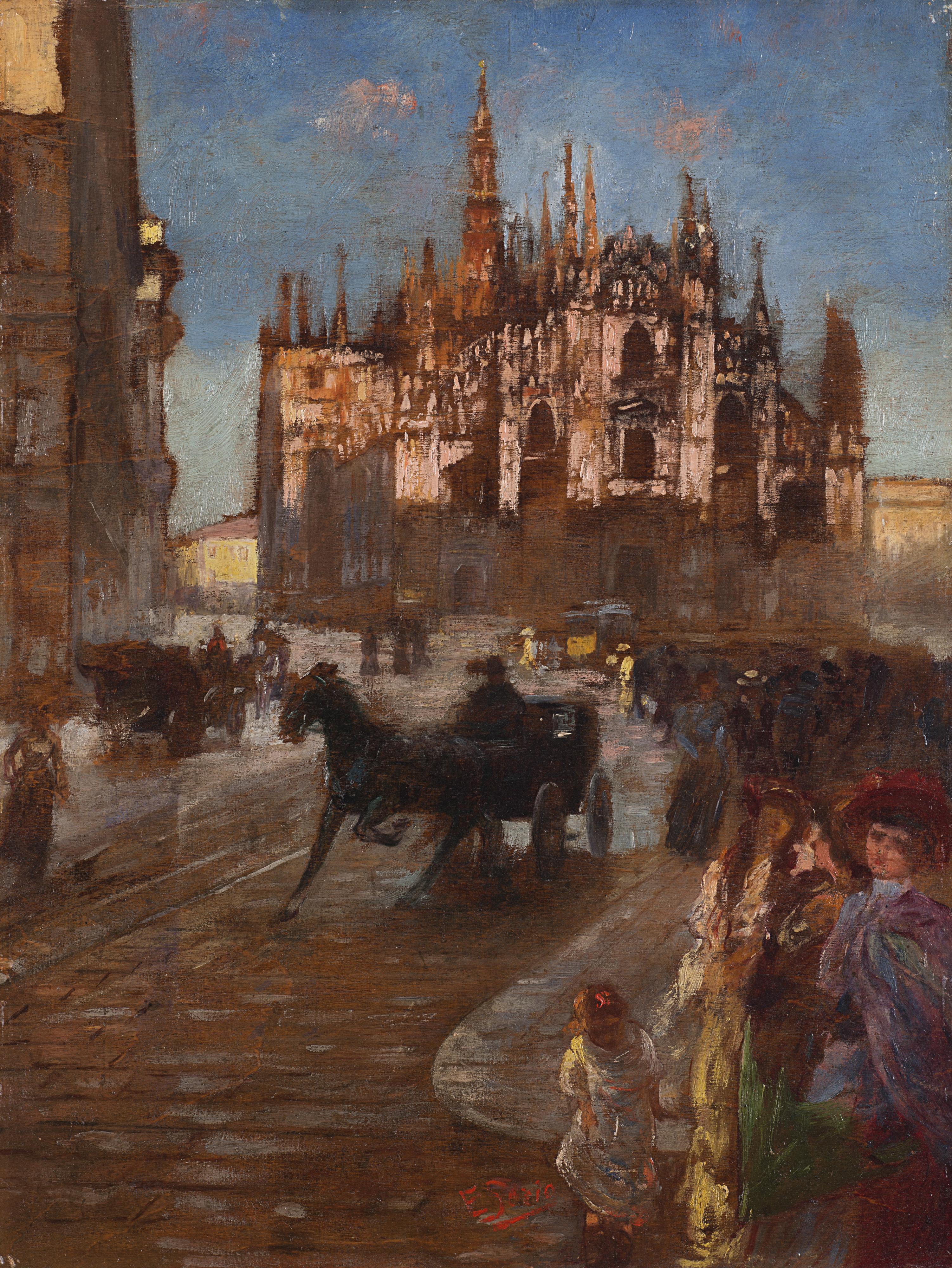 Enrico Sorio - Milano. Carrozze e figure in Piazza del Duomo