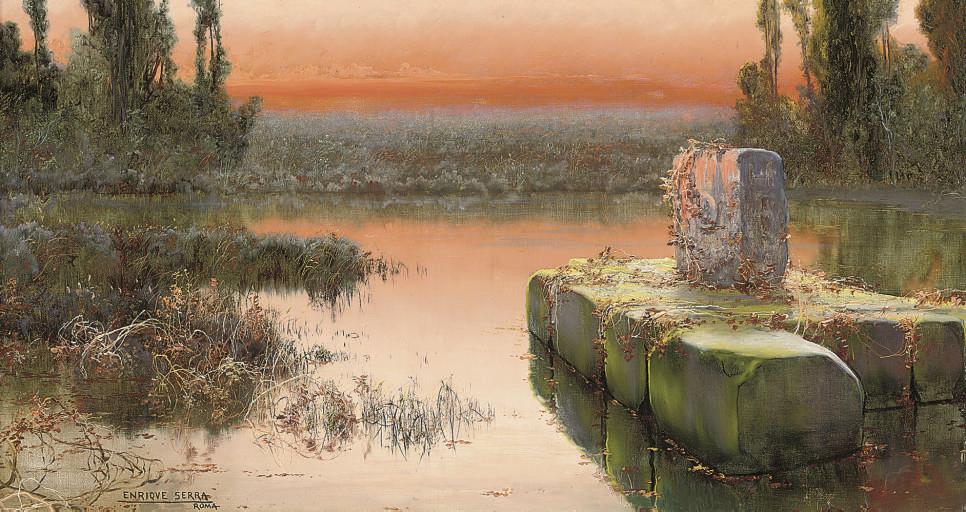 Enrique Serra y Auque - Sunset on the Pontine marshes, Rome