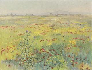 Epaminondas Thomopoulos - A poppy field before a Greek village