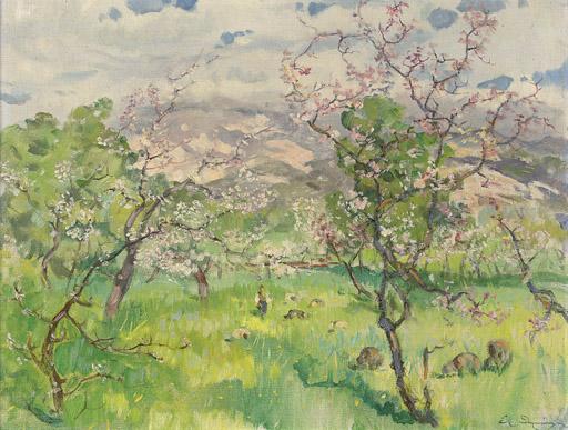 Epaminondas Thomopoulos - A shepherd and his flock in an orchard