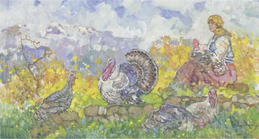 Epaninandos Thomopoulos - Farm Girl Tending Turkeys