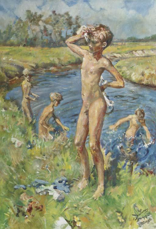Erasmus Bernhard van Dulmen-Krumpelman - Boys playing in the river Aa