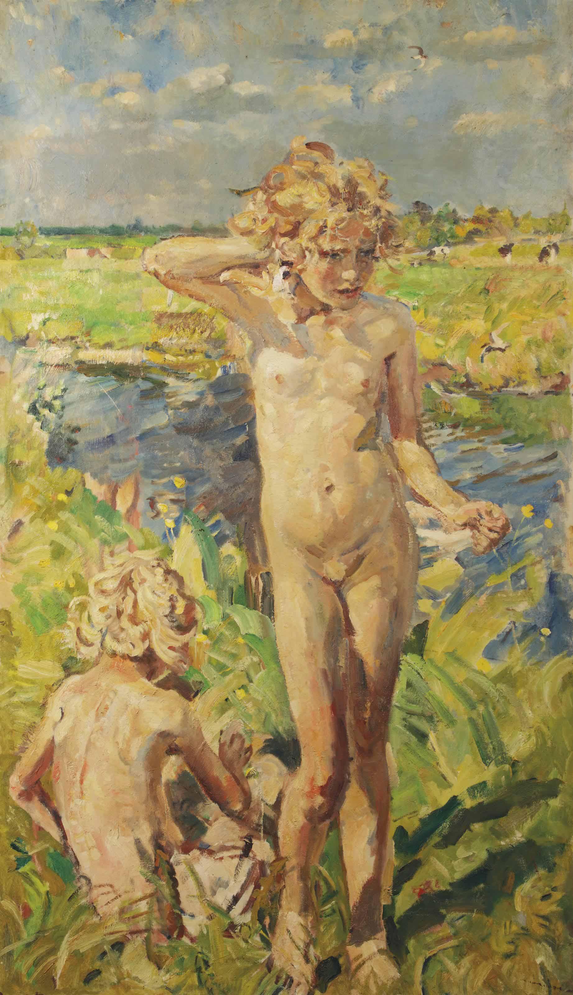 Erasmus Bernhard van Dulmen Krumpelman - Girls Playing Near The River Aa