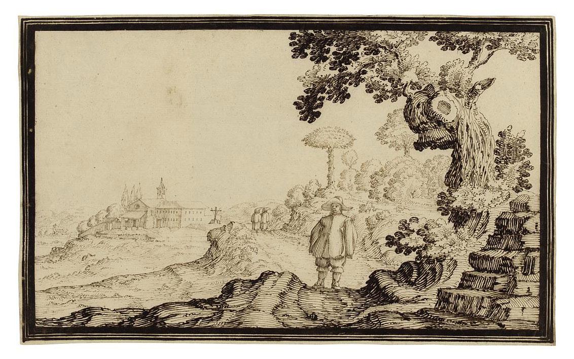 Ercole Bazzicaluva - A figure in a landscape, a friar beyond