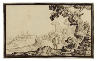 Ercole Bazzicaluva - A figure in a landscape, a friar beyond