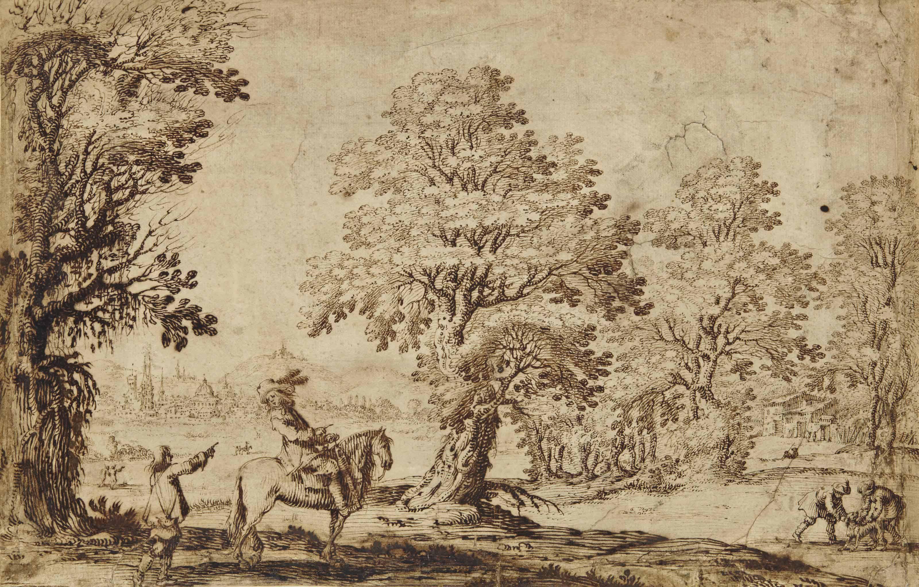 Ercole Bazzicaluva - Cavalier Demandant Son Chemin Dans Un Paysage, La Ville De Florence À L\'Arrière-Plan
