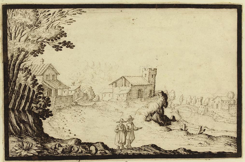 Ercole Bazzicaluva - Two figures in a landscape, a church beyond