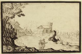 Ercole Bazzicaluva - Two figures in a landscape, a church beyond