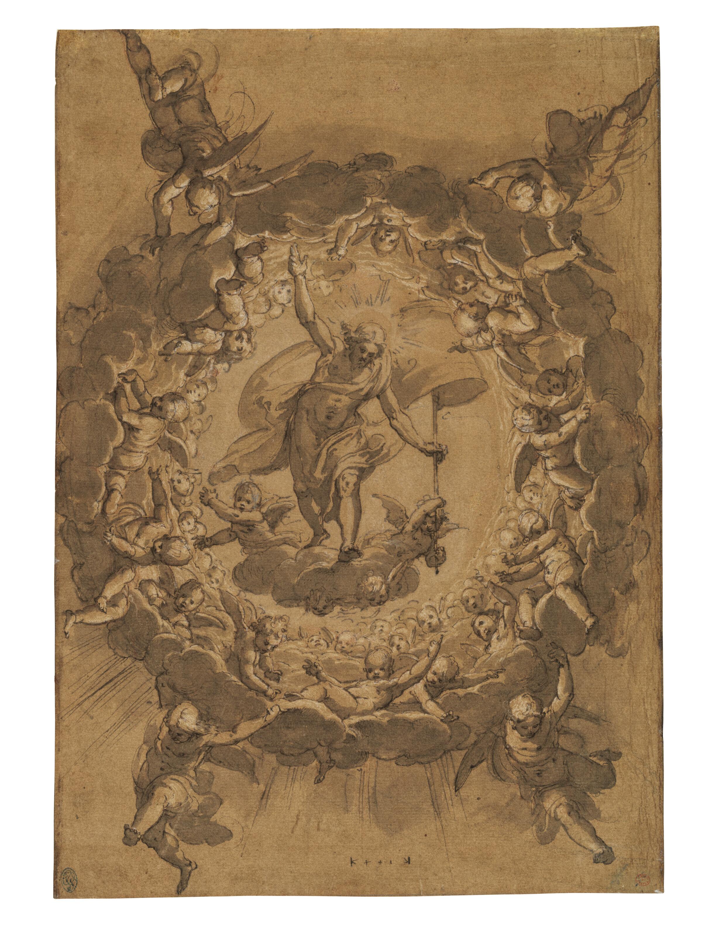 Ercole Procaccini the Younger - The Risen Christ encircled by a heavenly host of putti (recto); Drapery study (verso)