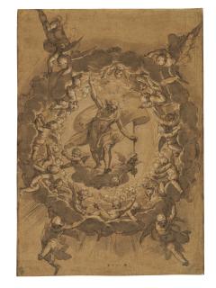 Ercole Procaccini the Younger - The Risen Christ encircled by a heavenly host of putti (recto); Drapery study (verso)