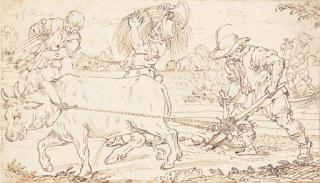 Ercole Setti - Un paysan labourant, trois autres ramassant du blé