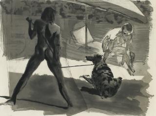 Eric Fischl - 1 - The Beach 2 - Bathers 3 - Dessin Préparatoire Représentant Des Personnages Et Un Chieneric Fischl ; The Beach ; Bathers ; Dessin Préparatoire ; Etching And Aquatint ; Pencil And Wash ; Signed ; 1987 ; Hahnemühle Paper