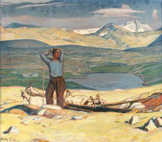 Erich Erler-Samaden - „Schwühler Abend“ (Ziegenhirte in Engadiner Landschaft)