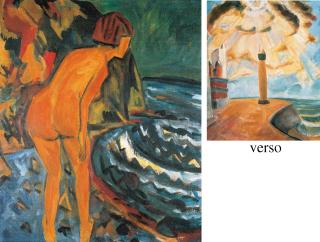 Erich Heckel - Badende (Siddi) am abendlichen Strand an der Flensburger Förde, Osterholz (recto); Leuchtturm (verso)