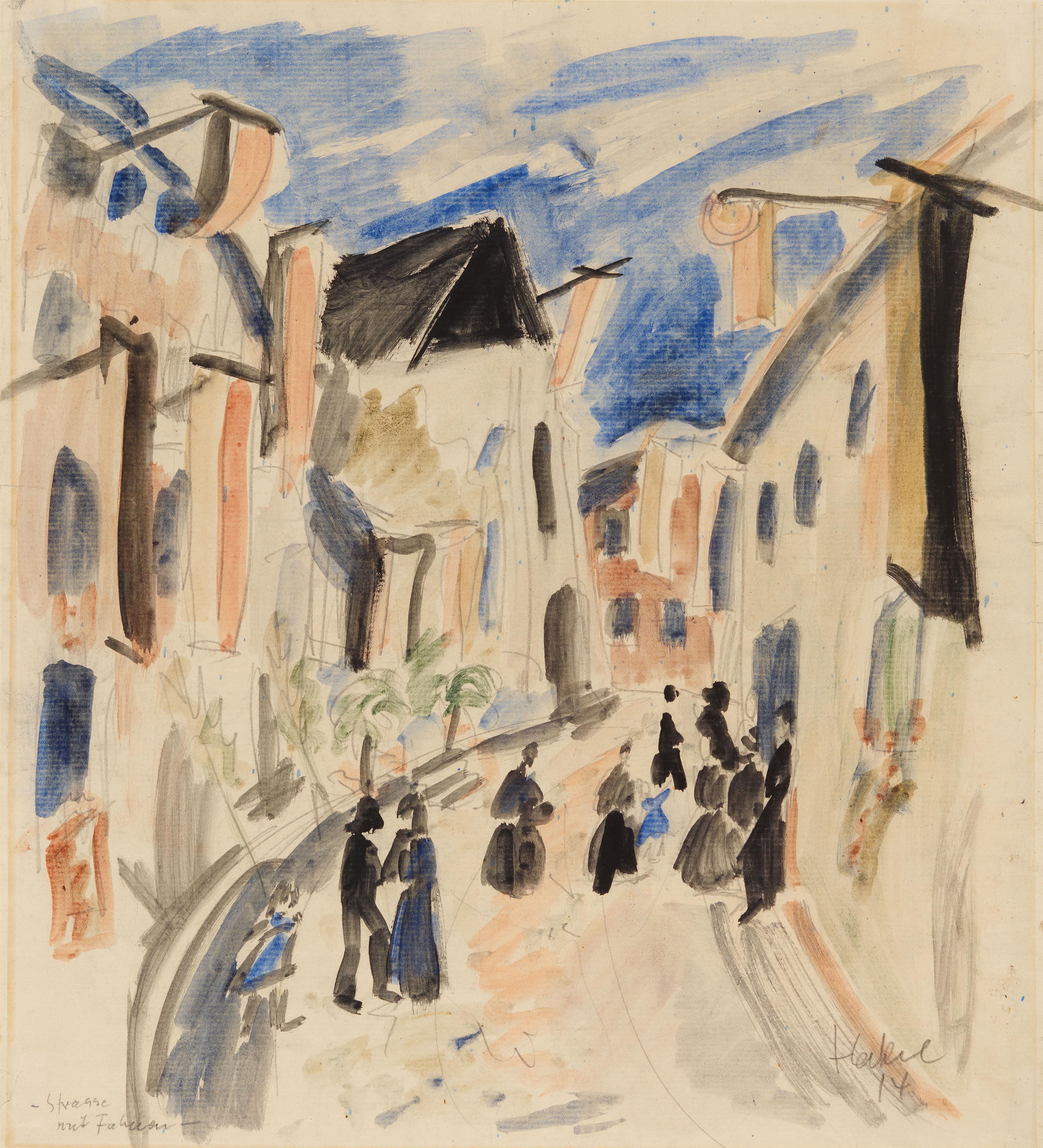 Erich Heckel - Straße mit Fahnen. Rückseitig Porträt Nora Nauen