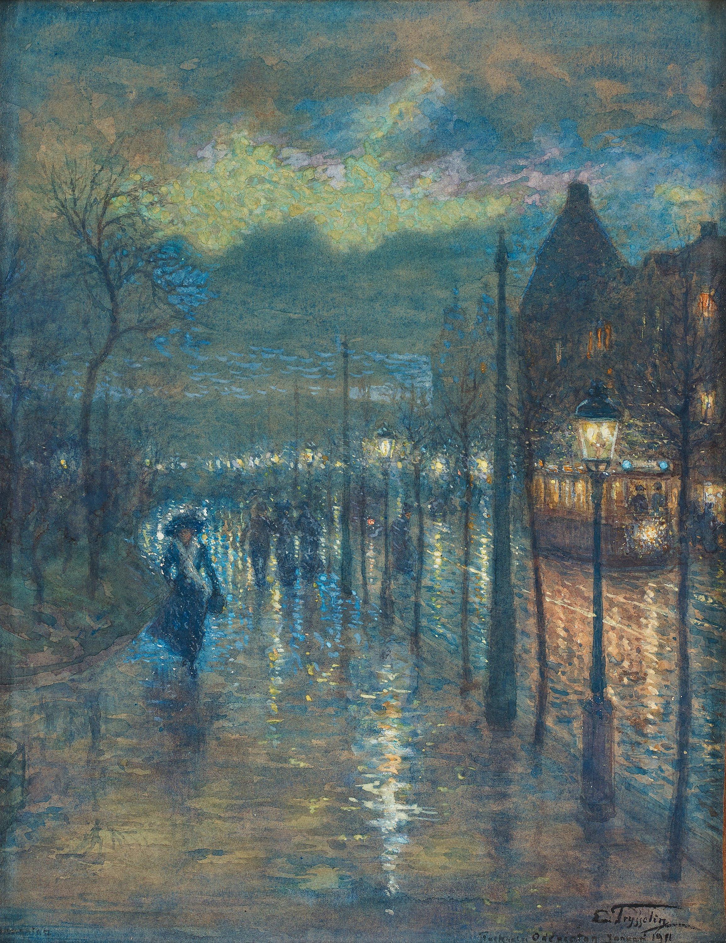 Erik Tryggelin - Street scene from Stockholm with pedestrians at night