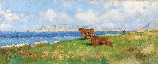 Erminio Cremp - Veduta Del Golfo Di Palermo, Con Bufali