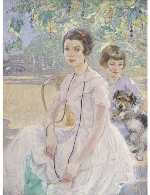 Ernest Borough Johnson - Portrait of a mother and child, seated three-quarter-length, in summer dresses, with a parasol and a puppy