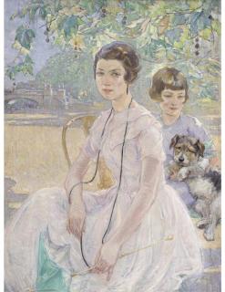 Ernest Borough Johnson - Portrait of a mother and child, seated three-quarter-length, in summer dresses, with a parasol and a puppy